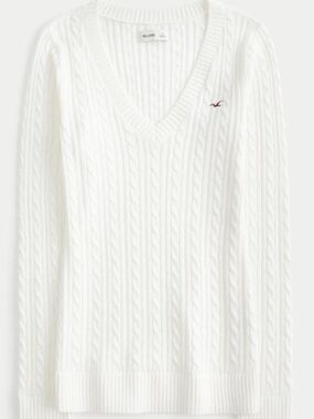 Hollister White Cable-Knit V-Neck Sweater with Small Logo
